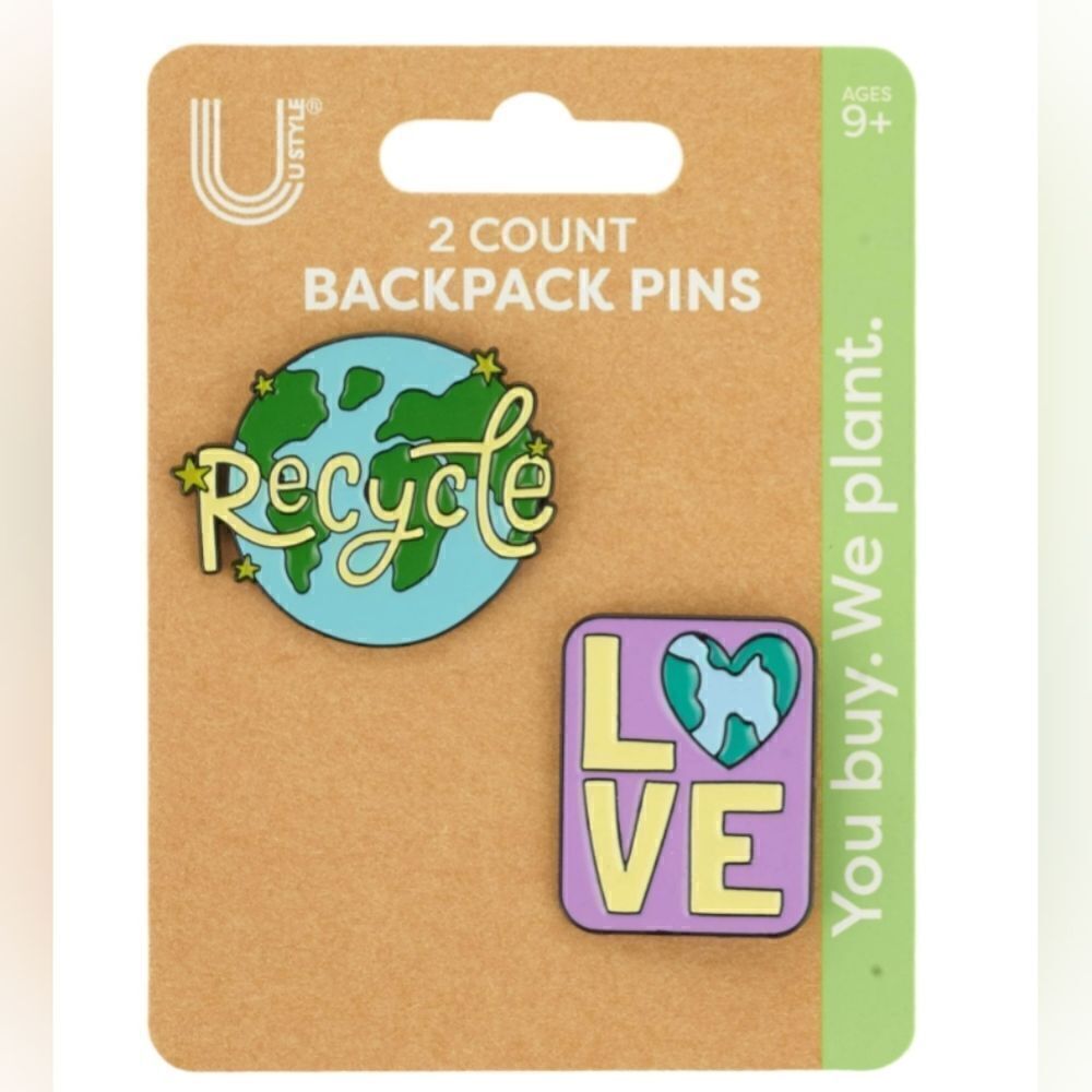 U Style Backpack Pins, Multicolor Love/Recycle Theme, Set of 2